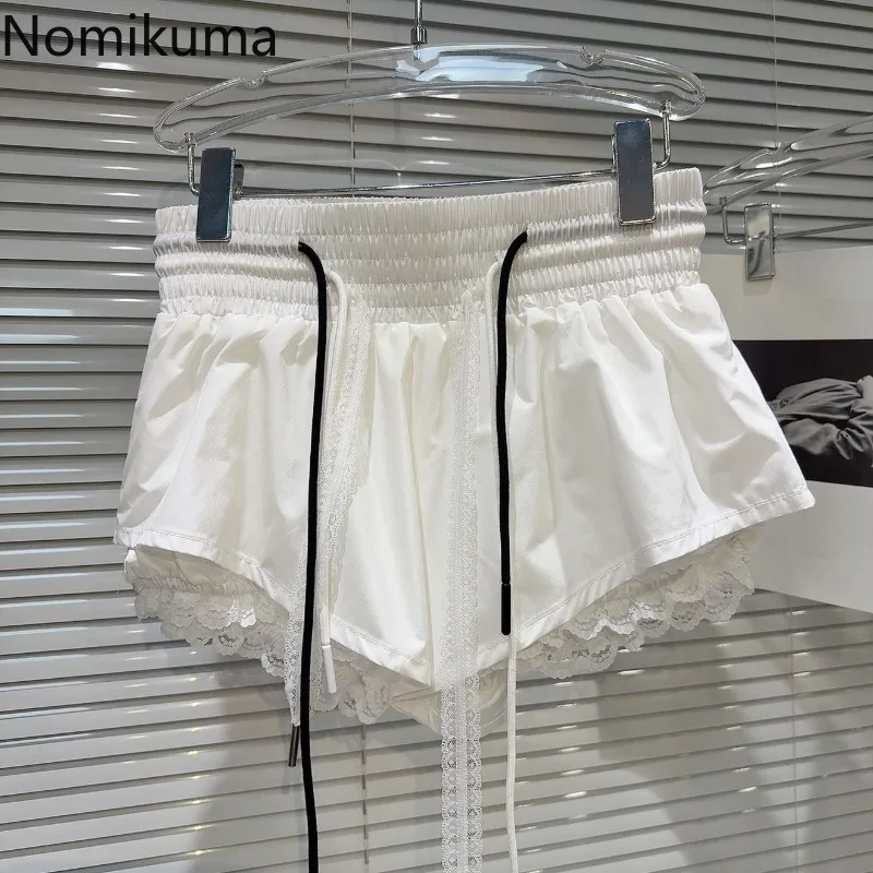 New Bottoms Korean Shorts Women High Waist Casual Patchwork Lace Wide Leg Shorts Bandage Chic Summer Pantalones Cortos De Mujer
