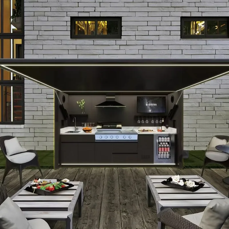 Custom Modern Outdoor Kitchen Island Stainless Steel BBQ Grill Cabinet Set Protective Roof Flame Safety Eco-Friendly for