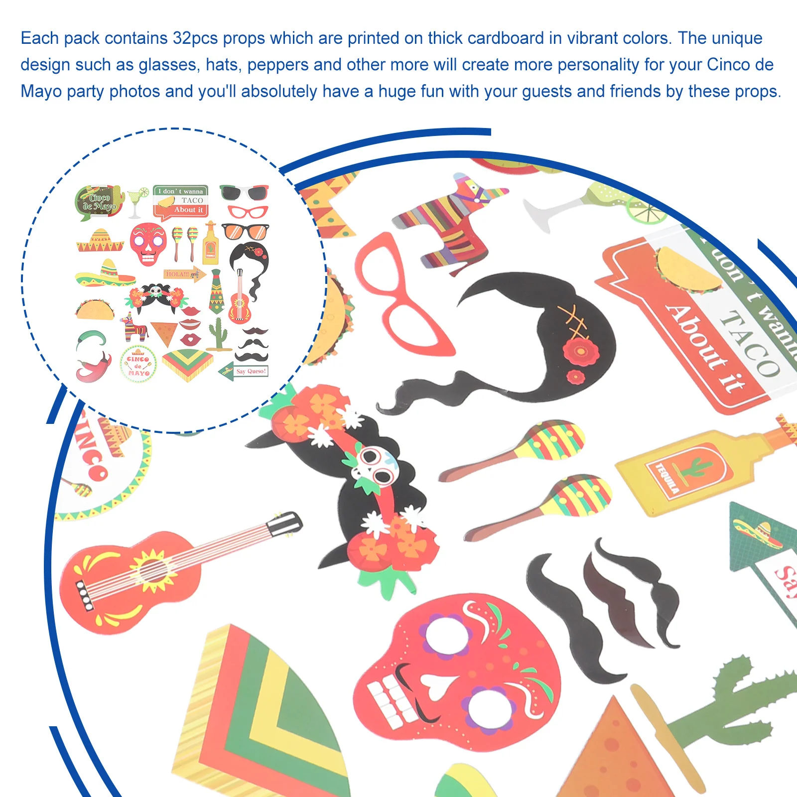 

29Pcs Face Props Cinco De Mayo Photo Booth Kit Colorful Party Accessories Mexican Fiesta Wedding Birthday Decorations