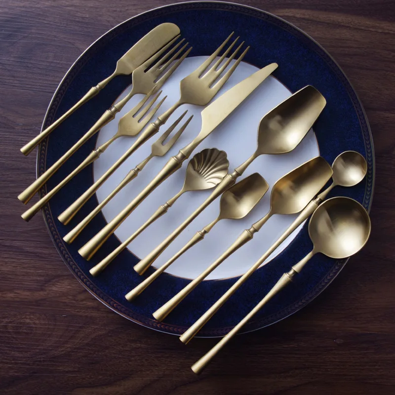 Matte Golden Cutlery Set 304 Stainless Steel Steak Knife Fork Spoon Set Vintage Fruit Fork Tea Spoon Western Tableware Set