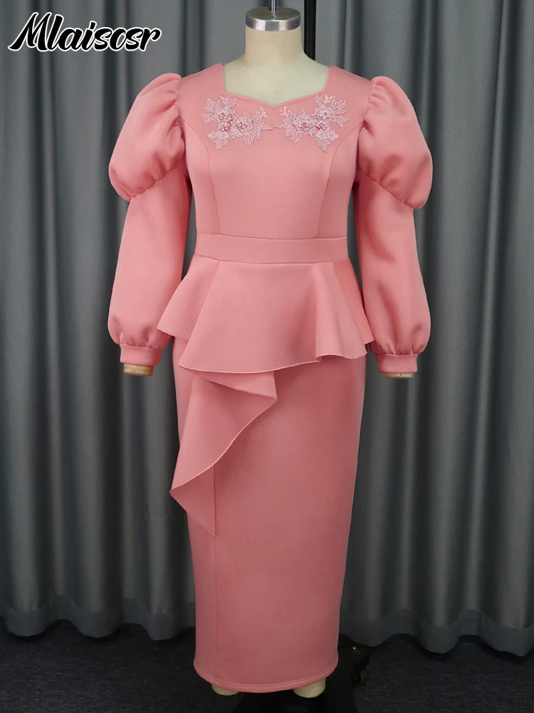 Mlaiscsr Fashion Lantern Long Sleeve High Waist Ruffles Embroidery Pink Dress Office Lady Package Hips Evening Birthday Clubwear