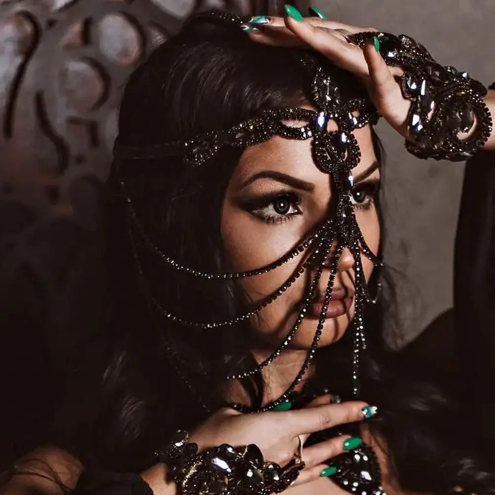 섹시한 전체 라인 석 계층화 된 가장 무도회 마스크 얼굴 보석 여성 크리스탈 술 체인 저녁 파티 의상 코스프레 댄스 파티 카니발