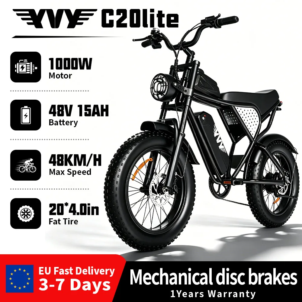 Vélo de montagne électrique YVY C20 LITE, moteur 1000W, pneus larges de 20 pouces, vélo électrique, batterie 48V 15Ah, freins à disque mécaniques, vélo de montagne électrique pour adultes