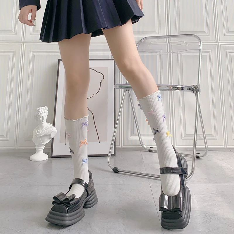 

Женские носки с разноцветными бантами, милые, удобные дышащие носки, универсальные средние носки из хлопка в японском стиле Kawaii Lolita JK