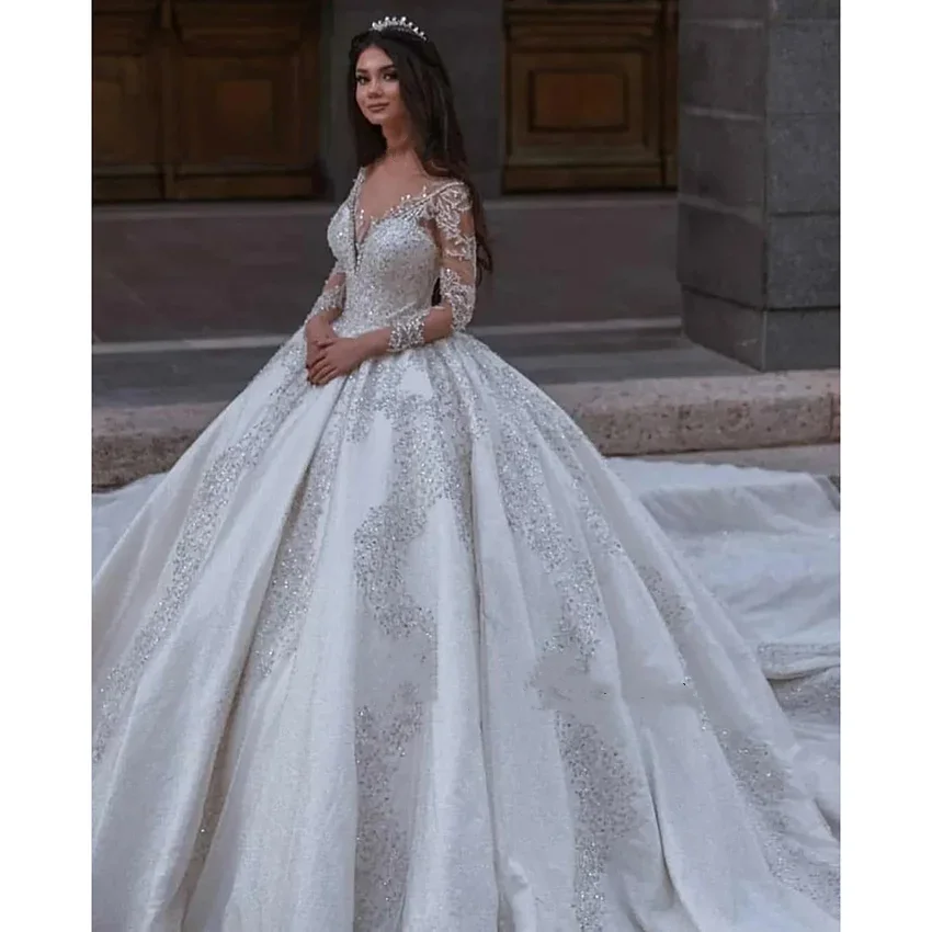 

Индивидуальные свадебные платья в арабском стиле с длинным шлейфом, бальное платье из блестящего тюля с бисером и кружевными аппликациями, качественное свадебное платье для невесты (vestidos de novia)