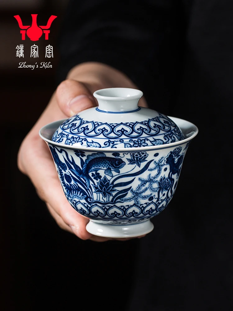 

Zhongjia Ceramic Bowl Jingdezhen Chai Kiln Blue And White Hand Painted Treasure Phase Fish Algae Pattern Ercai Cover