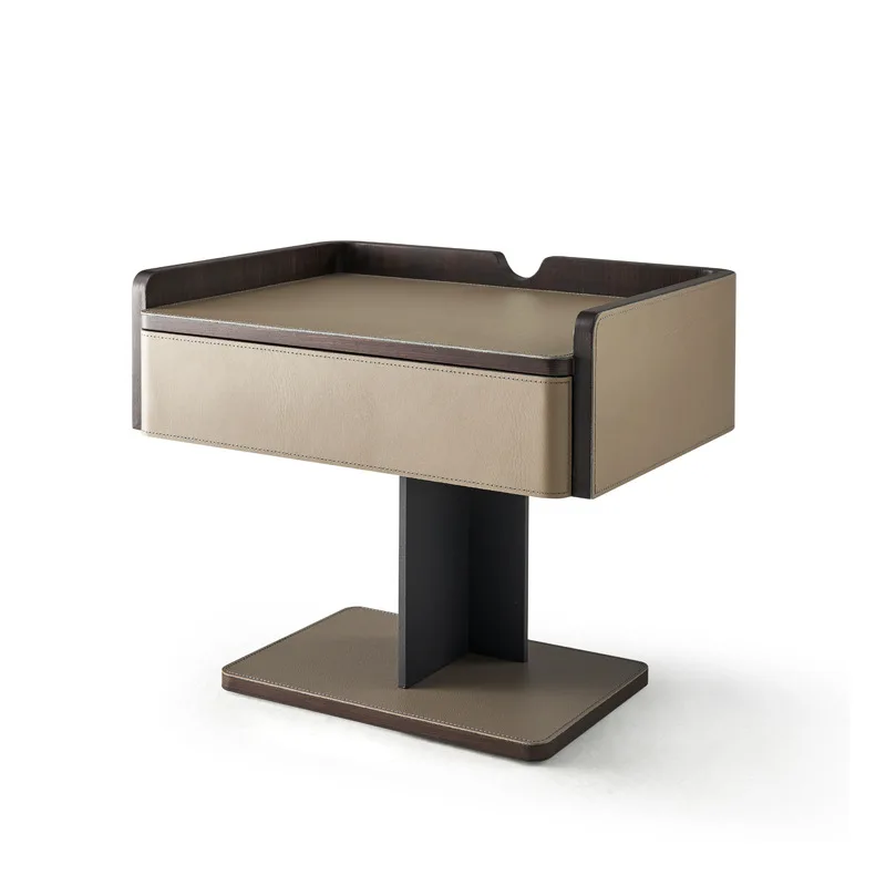 

Italian minimalist saddle leather bedside table model room high-end solid wood bedroom creativity