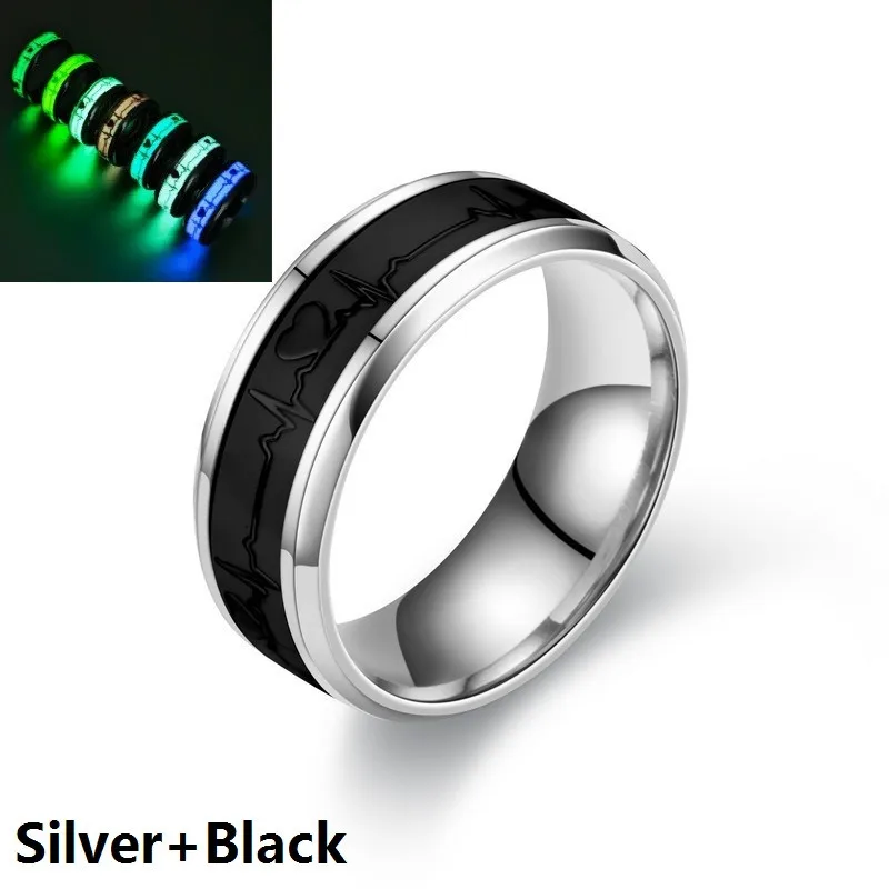 SMJEL Classic Luminous Heartbeat Rings For Women Men Glow In Dark Jewelry Stainless Steel Heart Fluorescent Ring Free Shipping