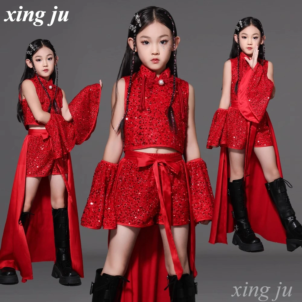 

Детская одежда в стиле хип-хоп в китайском стиле, красные укороченные топы с блестками, повседневные свободные эластичные шорты, костюм для джазовых танцев для девочек, уличная одежда