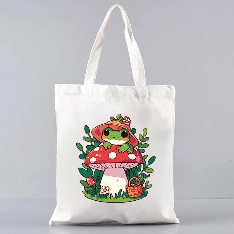 Kawaii Cartoon Mushroom Frog Trendy Canvas Tote Bag Large Capacity Reusable Shoulder Bags Women Travel Luggage Storage Clutch