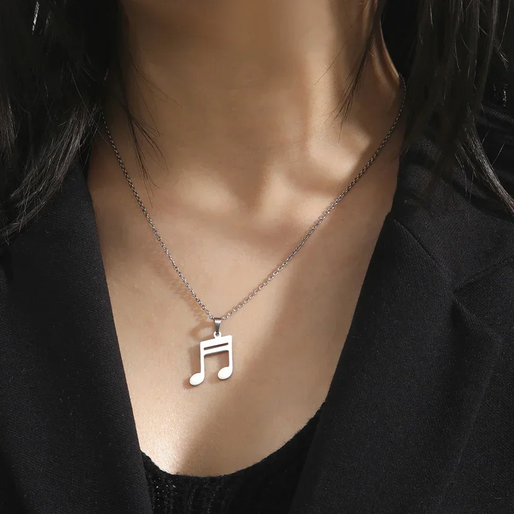 Musical Note Pendant Necklaces Women Girls Fashion Stainless Steel Sliver Color Rhythm Neck Chain Jewelry Choker Gift