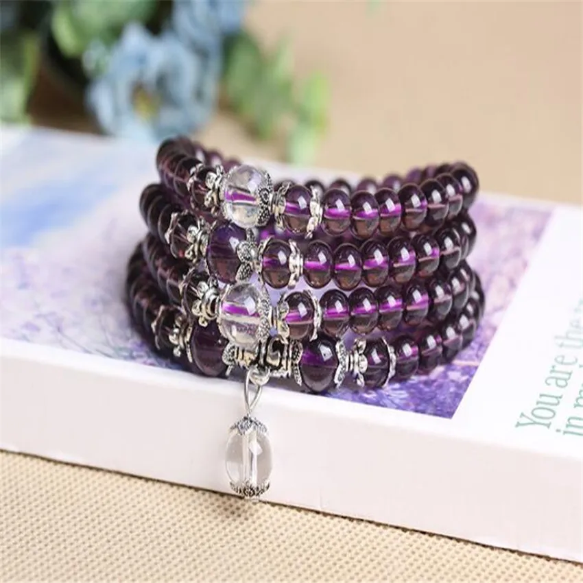 

6mm Amethyst 108 Buddha Beads Bracelet Teens Bohemian Adjustable Fashionistas Everyday Eco-friendly Handmade Unisex Beaded