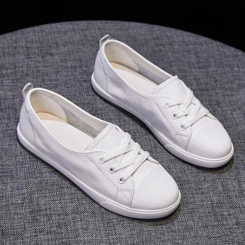 Women\'s Genuine Leather Sneakers Women Casual Fashionable Sports Shoes Vulcanized Woman Summer Flat Shoe Ladies White Lacing 40