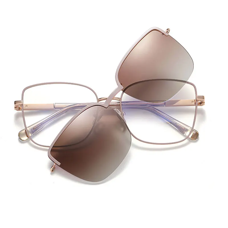 CCspace New Magnet Clip On Reading Glasses Women Cat Eye Myopia Prescription Glasses With Polarized Sunglasses Lenses