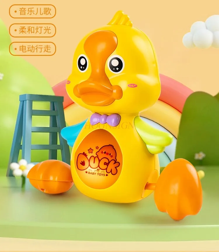 Brinquedo do pato amarelo para bebê, 1 a 2 anos, música leve, puzzle menina, pré-escolar infantil controlado por voz, caminhada elétrica