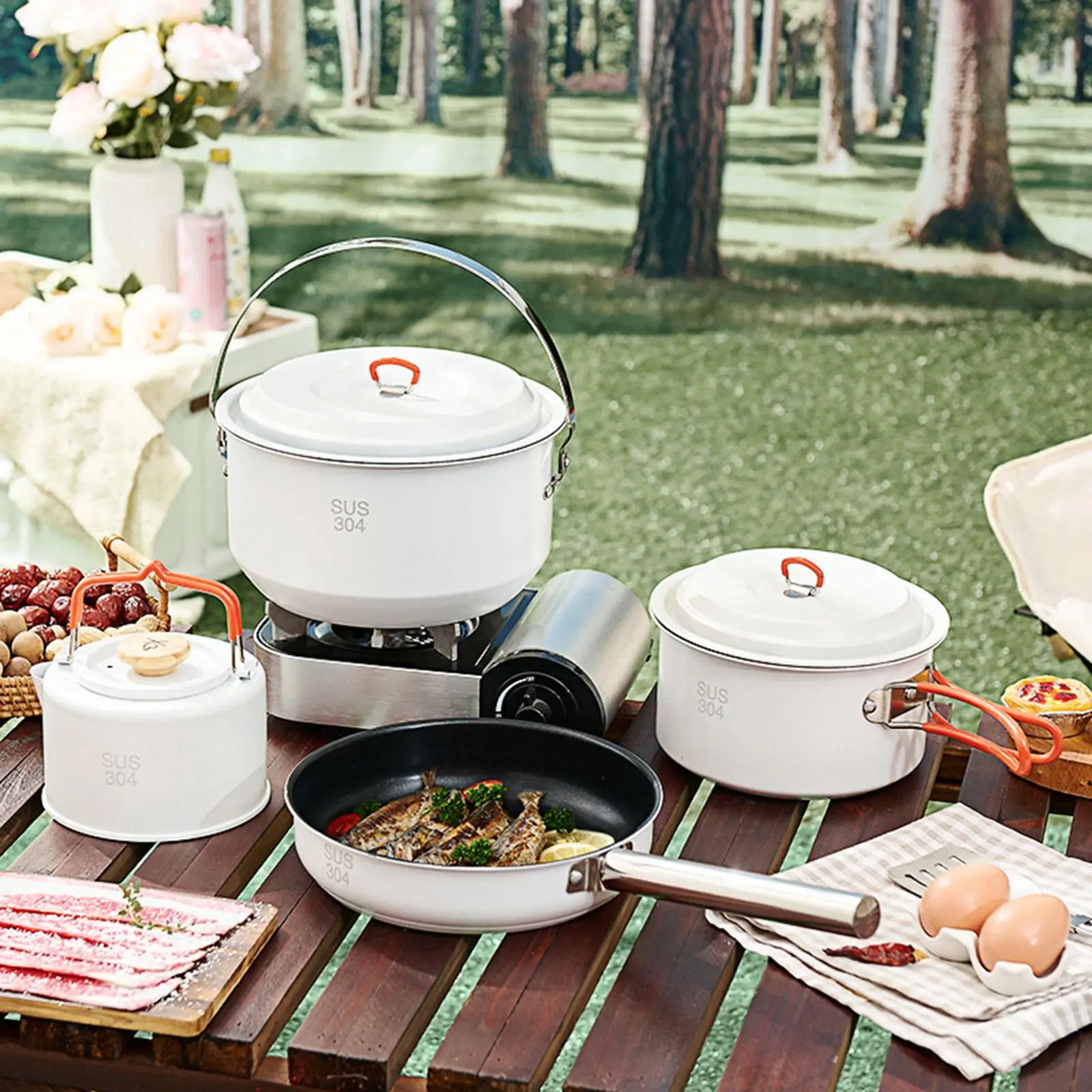 

4x Camping Cookware Set Fry Pan Kettle Lightweight Stockpot with Carry Bag Outdoor Cook Gear Camping Pot and Pan for Campfire