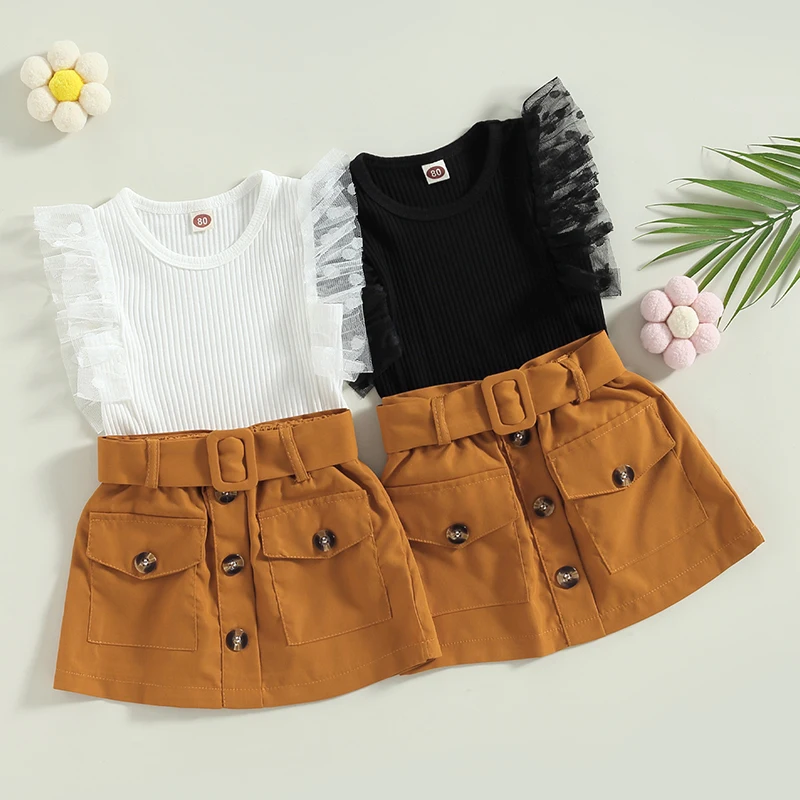 Summer Children Kids Girls Clothes Sets Mesh Ruffles Sleeveless Ribbed Tanks Tops+Belt Button Mini Skirts Casual Outfits