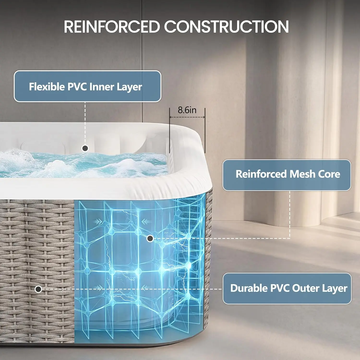 Inflatable Hot Tub for 4-6 Person, PVC Portable Hot Tub with 130 Airjets, Reinforced Filtered Outdoor Spa with 360°, Customized view 2