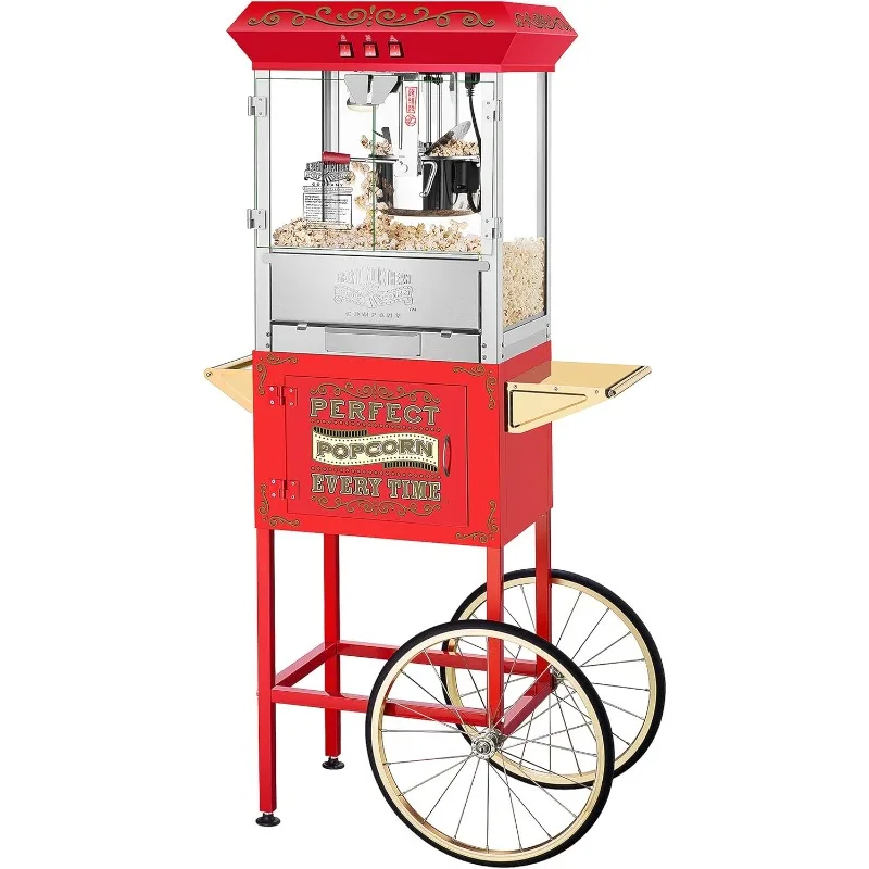 Popcorn Machine with Cart and Stainless-Steel Kettle, Warming Light, and Accessories, 10oz, Red