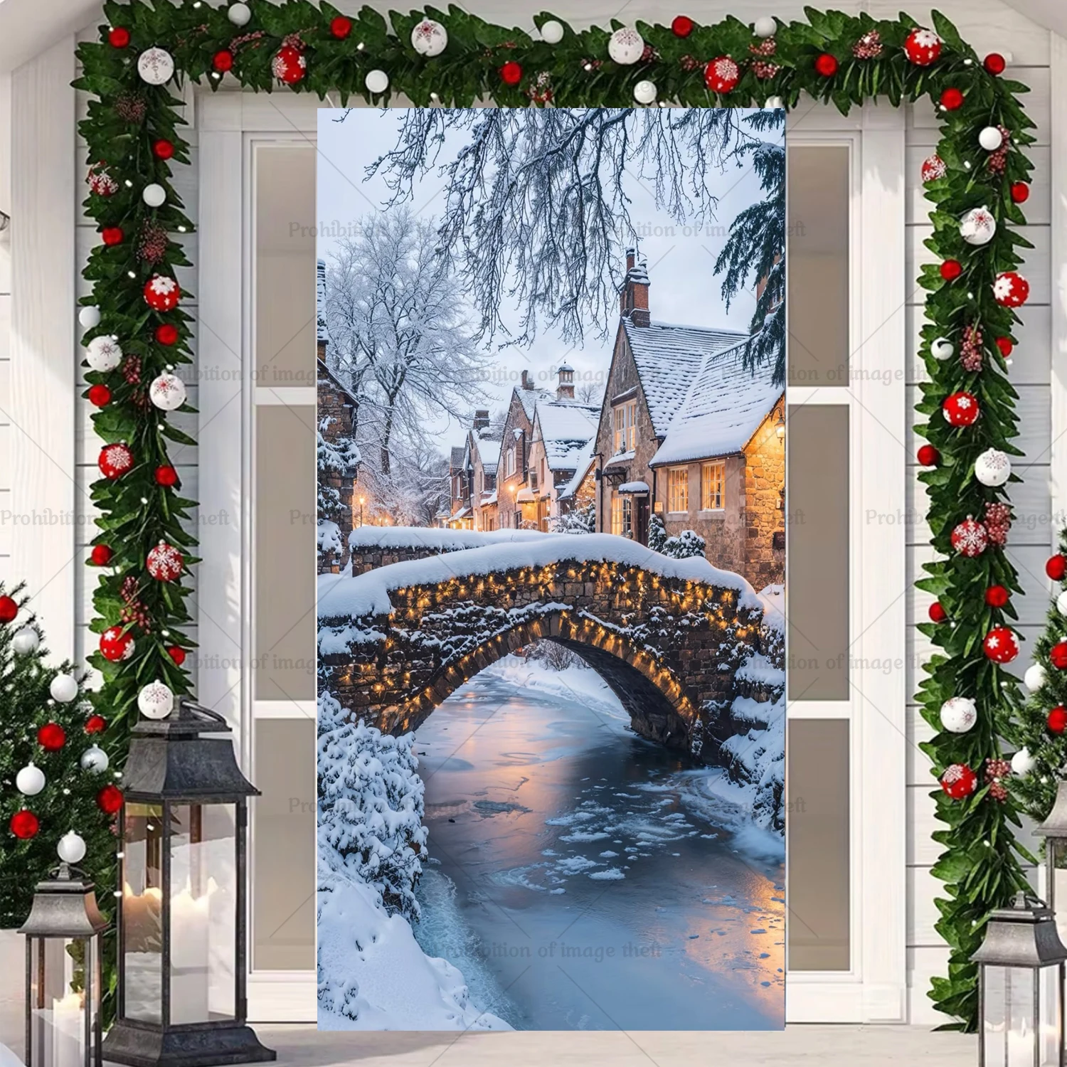 Winter Street Theme Background Snowflake Blue Sky Night Warm Streetlight Door Cover Party Decoration Poster Banner Prop Gift