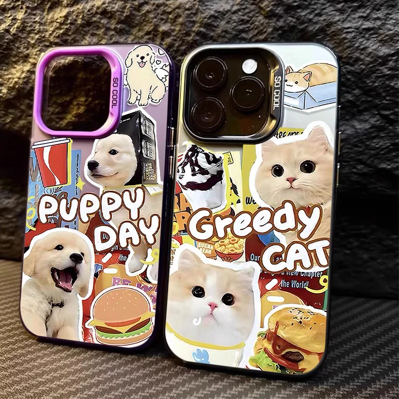 Cute Hamburg Dog Cat IMD PC Case For iPhone 16 ProMax 15 14 13 12 11 Pro Max XS X XR 16 Plus Y2K Plating Laser Bumper Back Cover