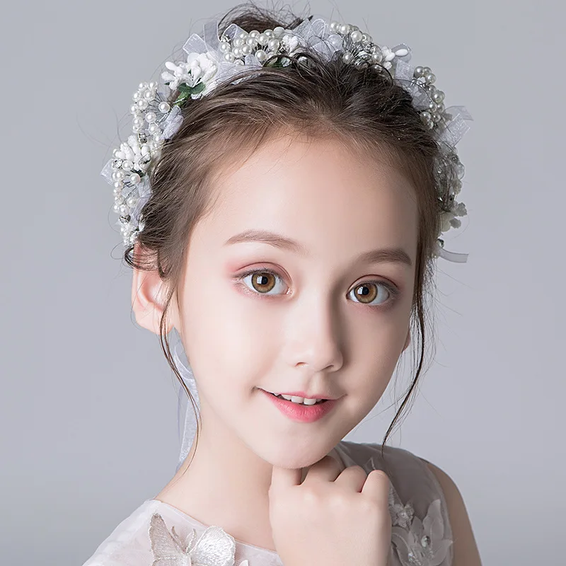 Bride Flower Crown Hair Band Wedding Floral Kids Headband Garland Girl Pearl Wreath Hair Accessories Party Wedding Headpiece