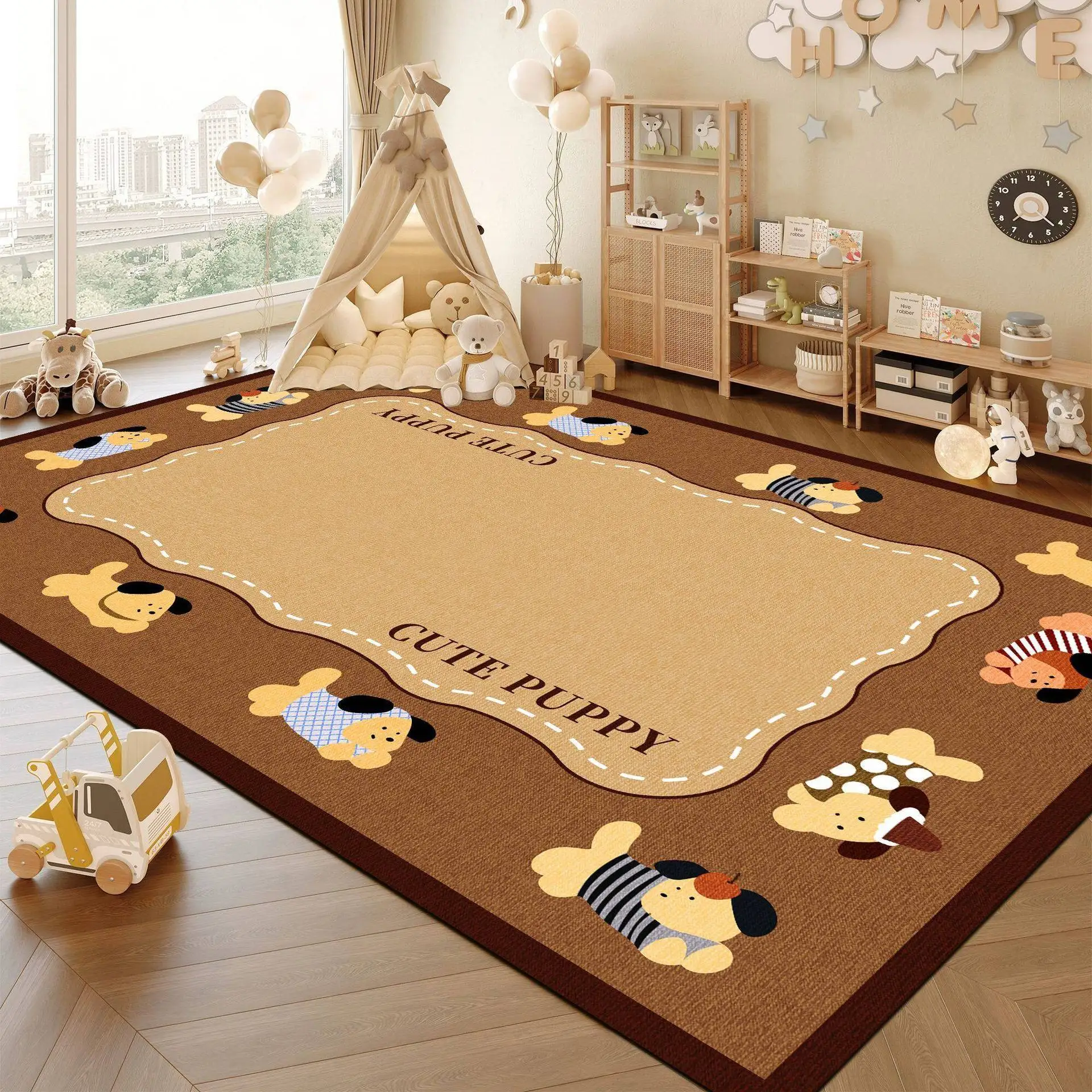 VIKAMA Brown Plaid Dachshund Puppy Rug, Happy Lucky Cartoon Dog Play Mat, Non Slip Washable Crystal Velvet Rug for Bedroom