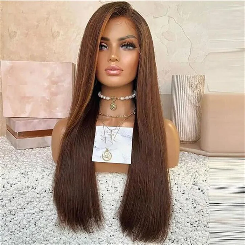 Yaki Long Brown Color 30inch Kinky Straight Lace Front Wig For Women With Baby Hair Synthetic Preplucked Daily Wig Fashion