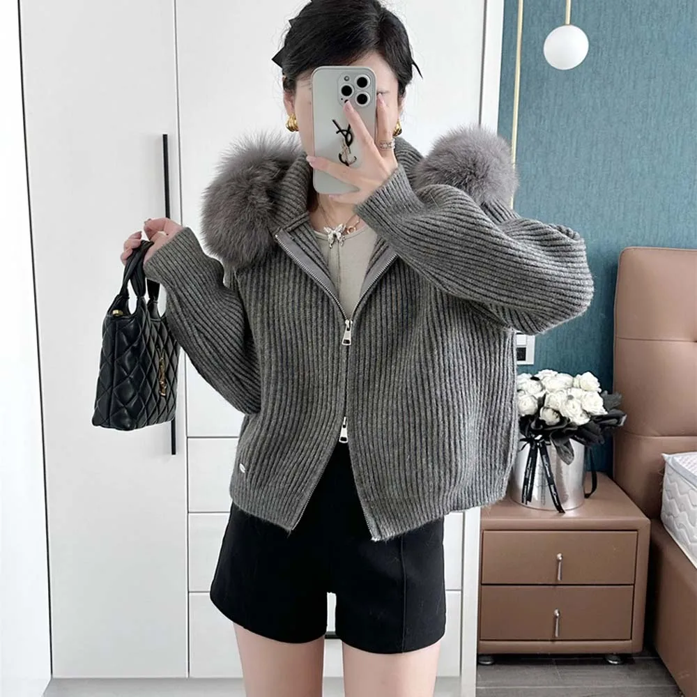 2025 المرأة ريال فوكس الفراء طوق معطف سترة فضفاضة مقنعين الثعلب الفراء الديكور سترة ملابس خارجية معاطف الإناث