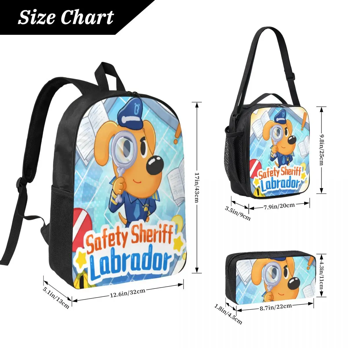 3Pcs Safety Sheriff Labrador Theme Backpack Set for Children Pencil Boxes Bookbag Sets with Lunch Box For  Students Daypack