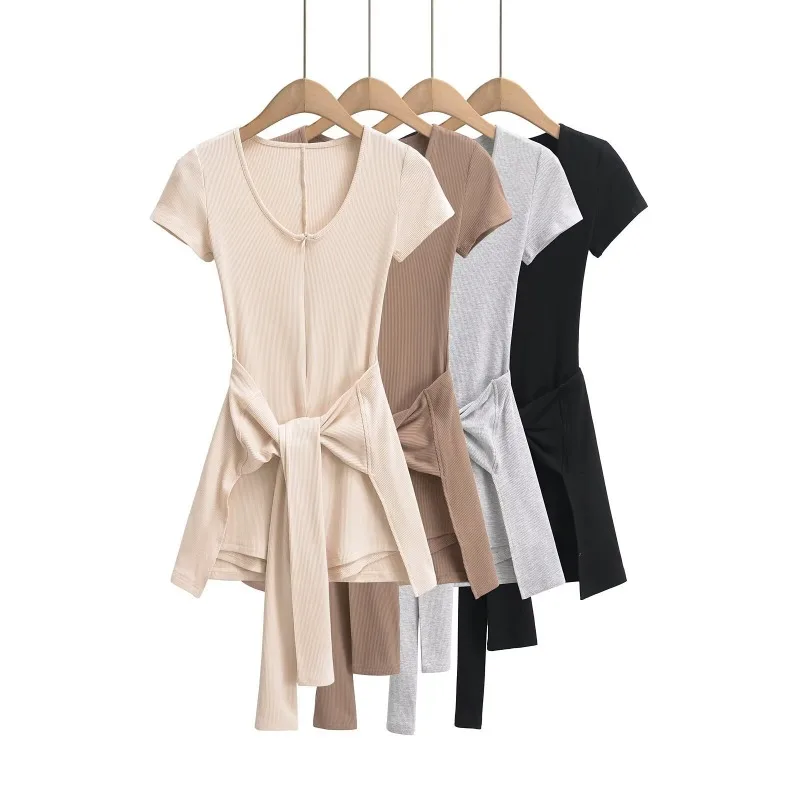 

V-neck Zipper Solid Color Casual Short-sleeved Dress Women 2025 Summer New American Lace-up Sexy Slim Thread Mini Dress