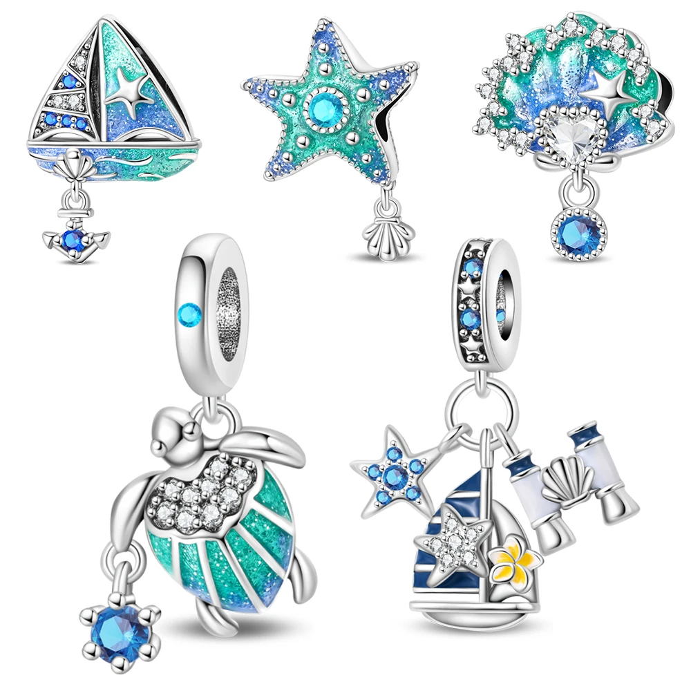 Summer Collection 925 Sterling Silver Sail&Sea Star&Shell&Turtle Set with Blue Zirconium Fit Brand Bracelet Sea Breeze Charm