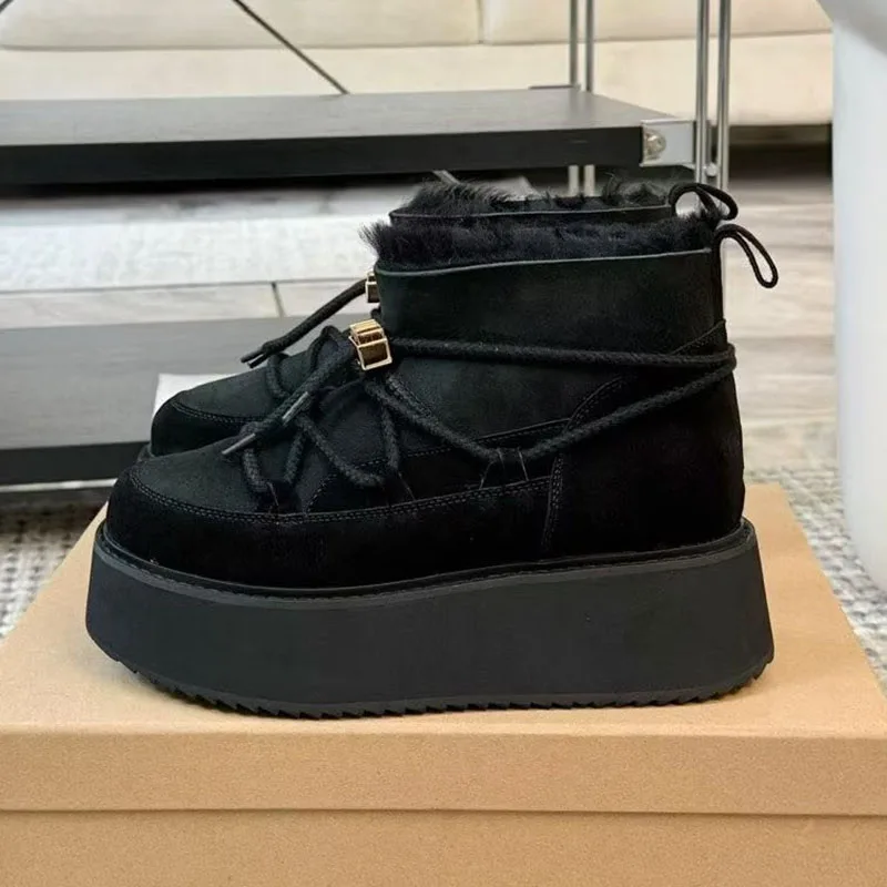 Snow Boots Flat Thick Bottom Suede Short Boots Women Round Toe Cross Tied Design Winter Outwear Wool Lining Warm Ankle Botas