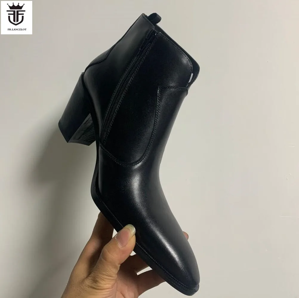 Real Photo men black leather boots side zip casual ankle booties male party shoes high heeled mens point toe boot western