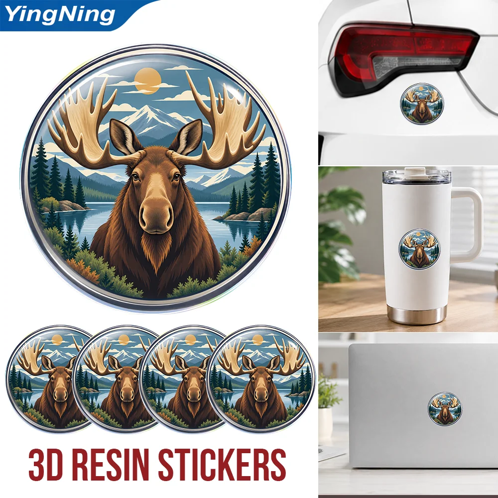 Moose Antlers Mountain Lake Portrait 3D Epoxy Resin Round Stickers Waterproof Domed Car Decals for Laptop Tumbler Water Bottle