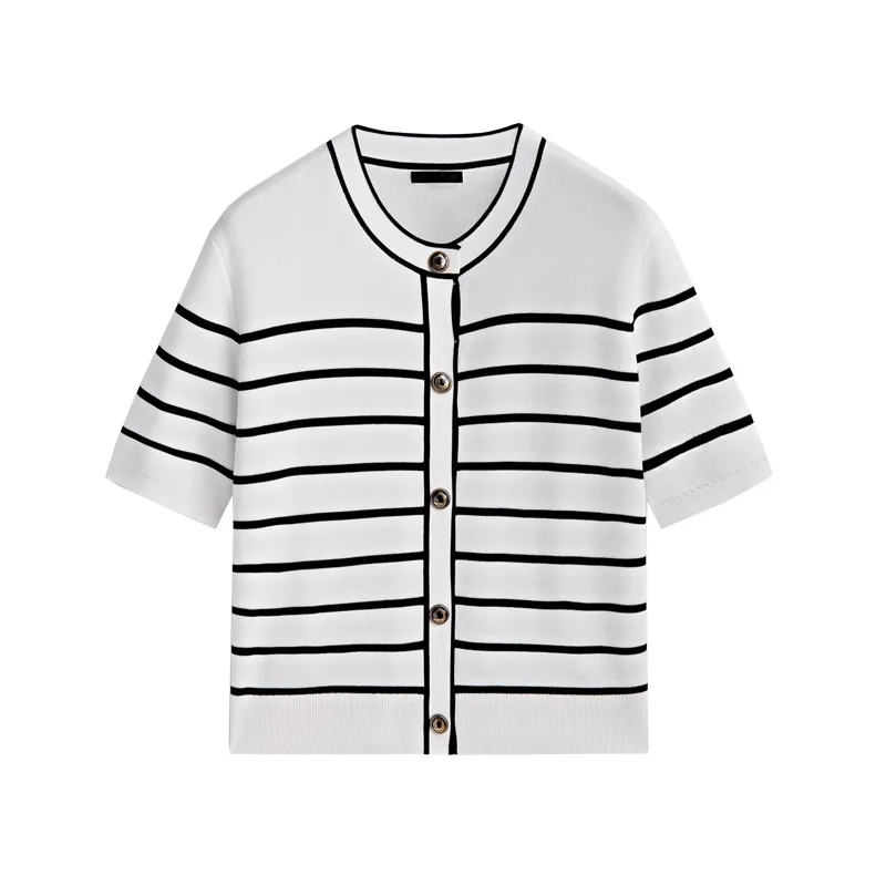 Ele Knitted Open Front irt Coat with Button Design in Stripes Early Autumn New Sle Small Fraance Sle Polyester Fiber
