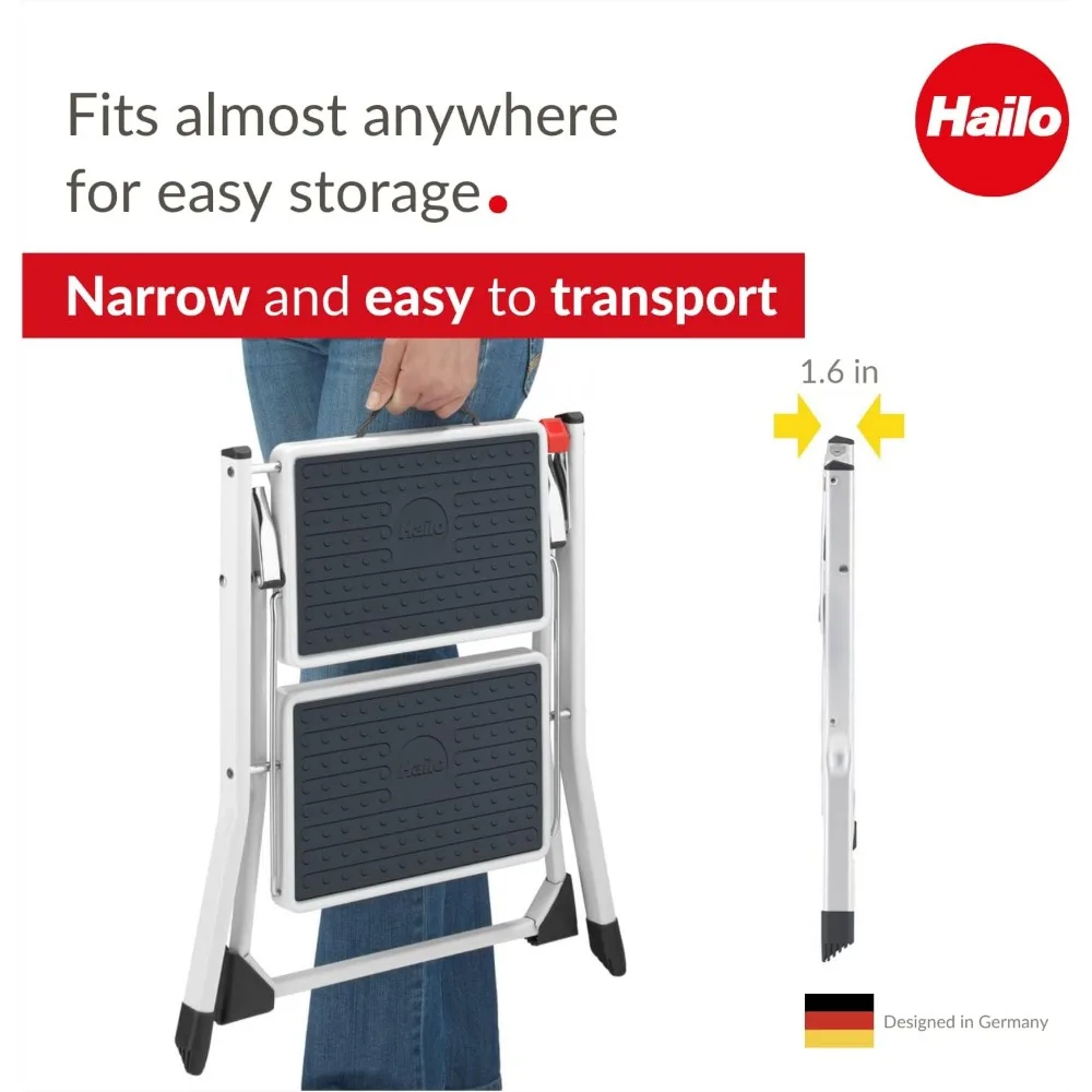 mini banco compacto de aço com degraus antiderrapantes, capacidade de peso de 330 libras, botão de segurança e alça portátil para fácil armazenamento