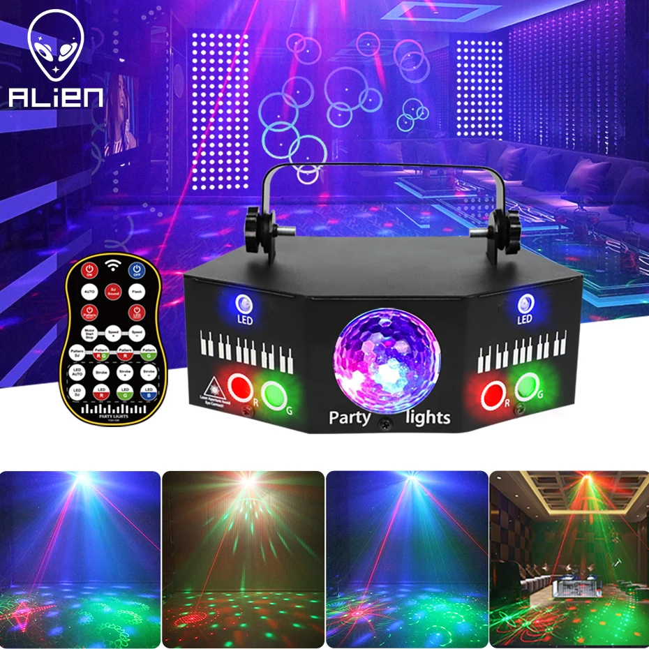 ALIEN DJ Disco Party Dual Red Green Patterns Laser Light Projector LED Magic Ball RGBW Strobe Xmas Holiday Wedding Stage Effect