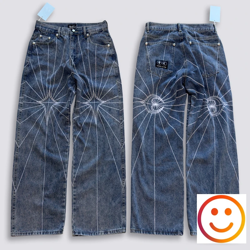 

Thug Club Embroidery Spider Web Pattern Jeans Men Women High Quality Vertical Loose Fit Wide Leg Denim Pants Trousers Patch Tag