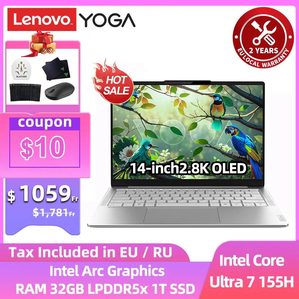 Lenovo YOGA Air 14 Al 2024 Slim Laptop Intel Ultra 7 155H Intel Arc Graphics  32G 1T SSD 14 inch 2.8K 120Hz OLED Screen Notebook