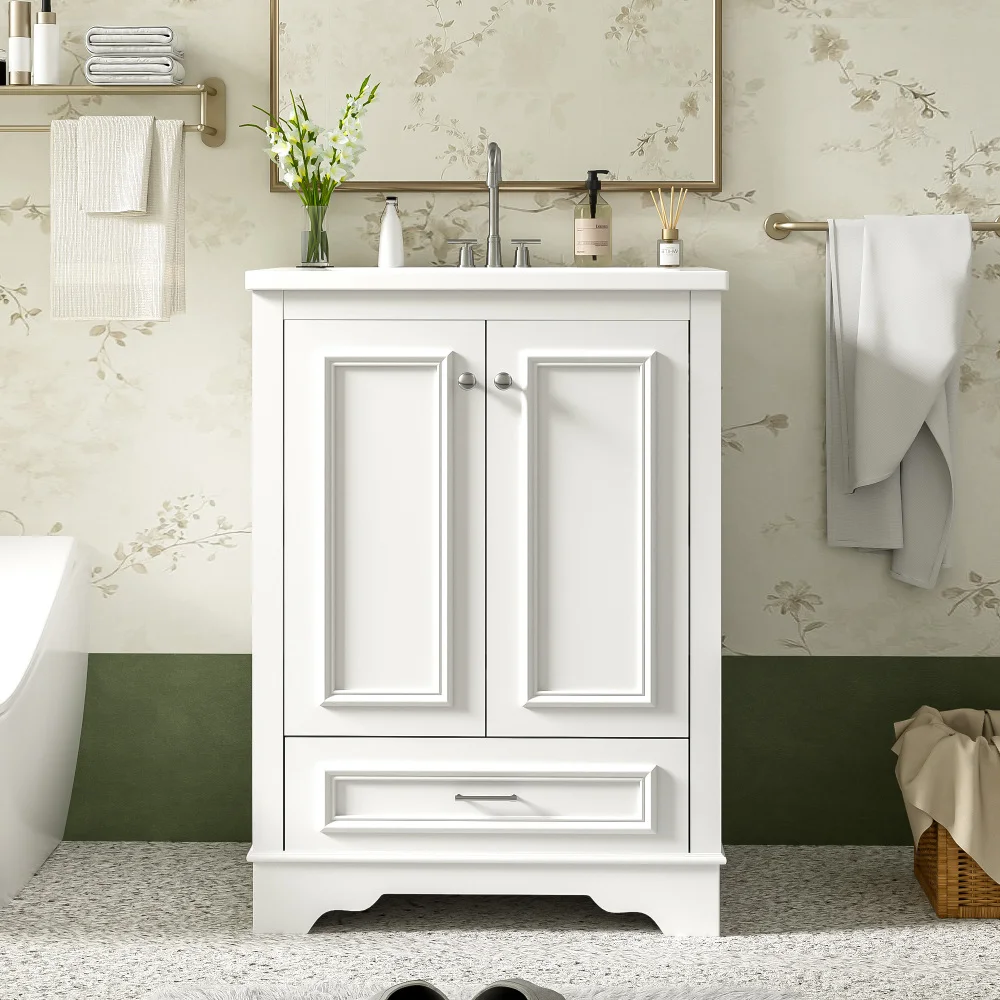 

24'' Bathroom Vanity with Ceramic Sink Combo, Modern Freestanding Storage Cabinet with Silver Handles, Soft Closing Doors