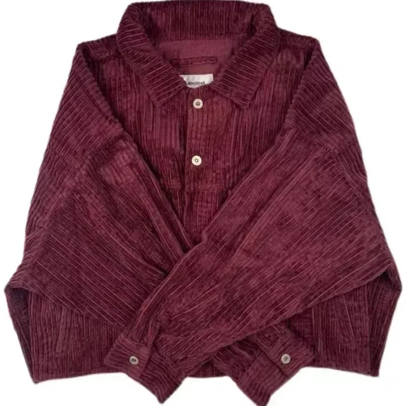 2025 Japón nuevo estilo abrigo rojo vino Retro japonés hombres y mujeres suelta Casual chaqueta corta de pana lavada