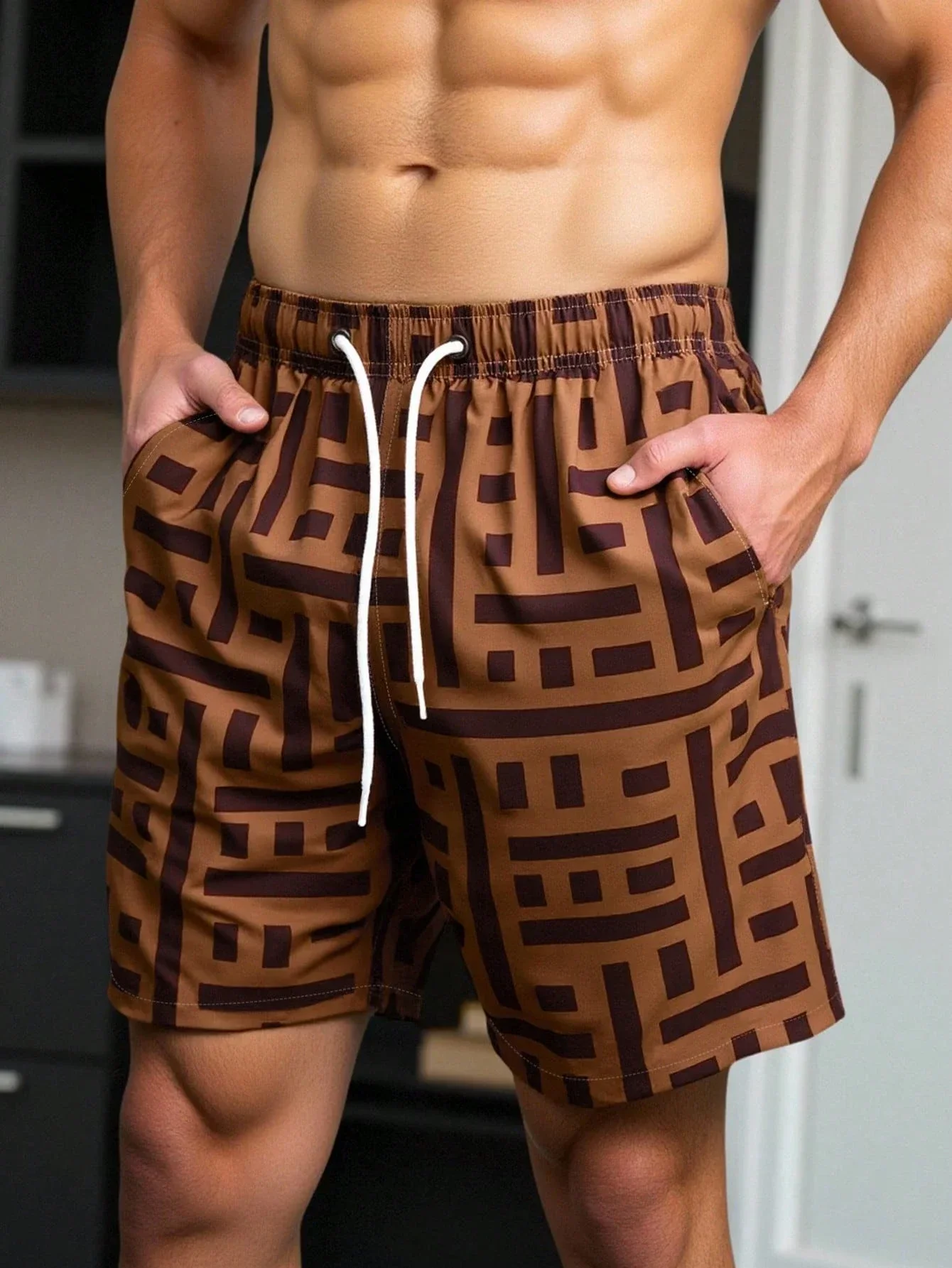 

Мужские пляжные шорты с геометрическим узором, на шнурке, с карманами
