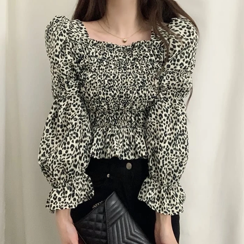 Vintage Puff Long Sleeve Women Blouse Leopard Print Shirt Fashion Spring Elegant Square Neck Chic Short Tops