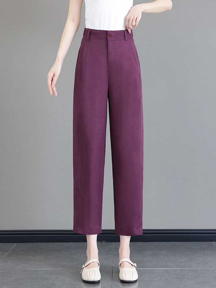 

Lightweight Summer Purple Linen Pants Women's Casual High Waist Loose Nine Points Harlan Trousers Korean Style Commute Wind