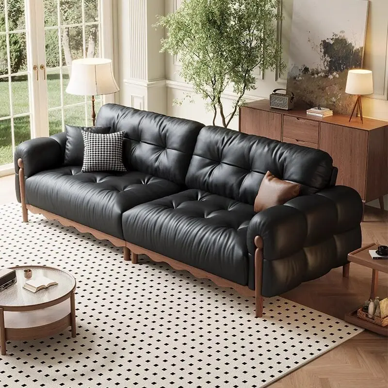 Black leather sofa first layer cowhide small apartment living room straight row leather cloud sofa