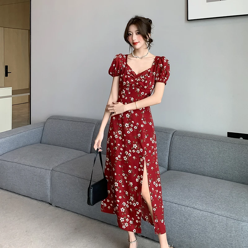 Retro Floral Red Dr 2024 New Bubble Sve Tea Break Long Dr Women Summer High Waist A-Line Skirt V-Ne Polyester an...