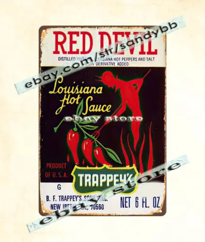 1p, 1964 Trappey's Red Devil Louisiana Hot Sauce cartel de metal de estaño hombre cueva cartel
