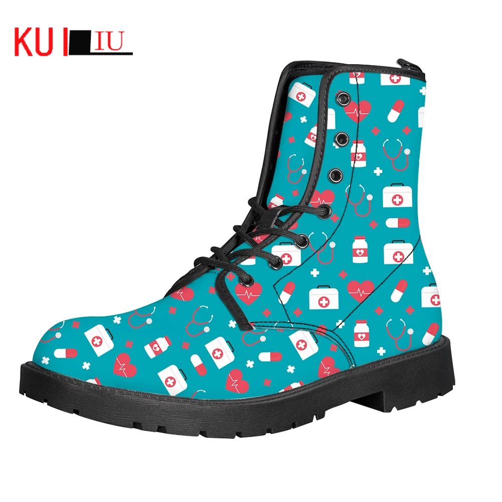 

KUILIU Mid-Calf Boots Women Nursing Leather Chelsea Boots 3D Medicine Bottle Print Ladies Punk Shoes High Top Martens Botas