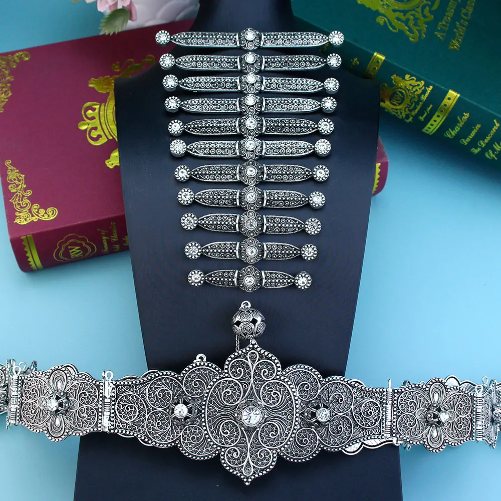 Sunspicems Chic Caucasus Bride Jewelry Set For Women Crystal Лезгинки Dress Belt Breastplate Set Antique Silver Color Turks Belt